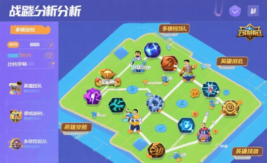 一个战术分析图，展示多核阵容、英雄技能互动和战略走位路线，配色简洁明快