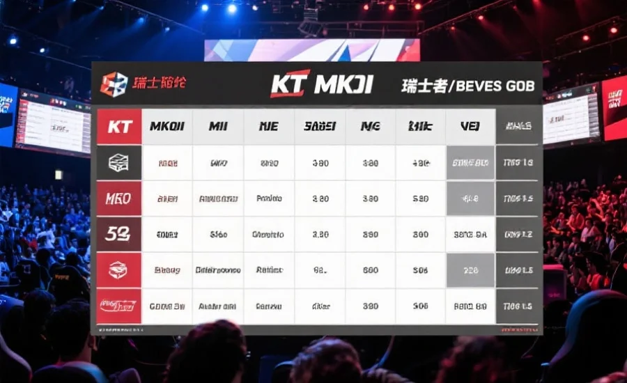 电子竞技赛事瑞士轮分组图表,KT与MKOI分处不同胜者/败者组,背景为现场观众与大屏幕